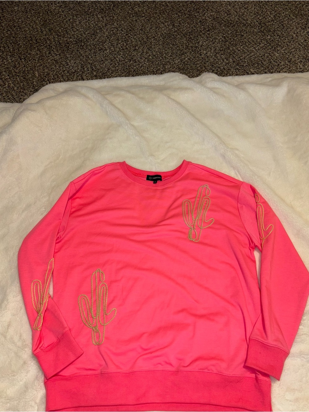 Bright Pink Embroidered Cactus Crew Neck Sweater - Unknown Brand